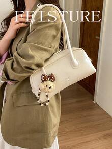 1pc FEISTURE Faux Leather PU Bowling Bag, Women's Fashion Shoulder/Underarm Bag (Get Free Accessory By Following Store), Zipper Closure, Suitable For Girls, Ladies, College Students, Young Professionals, Great For Work, Business, Commute, School - White - View 5