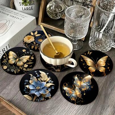 6 قطع مجموعة قواعد كوب خشبية أنيقة، بنمط الزهور والفراشات باللونين الأسود والذهبي، مناسبة للمشروبات الساخنة والباردة، ديكور غرفة
