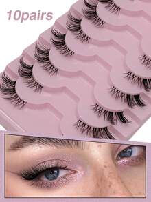 10对新款透明杆4-10mm柔软自然猫眼假睫毛，化妆工具，睫毛嫁接，适合初学者，派对场合，可重复使用 - 黑色 - 查看 1