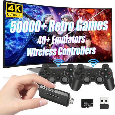 X2 Plus 3D Retro Game Stick - 128GB Storage, 4K HD, 40,000 Preloaded Games, 50 Emulators, Dual Wireless Controllers, Plug-And-Play Console Game  Console  40000  Games Retro