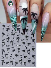 2/4pcs Summer & Spring Coconut Tree Nail Stickers, Beach Nail Design, 3D Black Gold Silver Laser Coconut Tree Pattern Nail Art Decals, DIY Self-Adhesive Nail Decorations - Multicolor - View 4