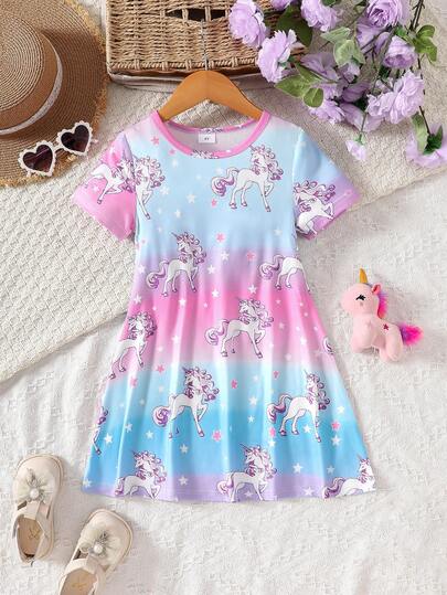 Girls Summer Rainbow Ombre Star Print Short Sleeve A-Line Dress, Sweet & Dreamy, Versatile For Daily Wear And Vacation