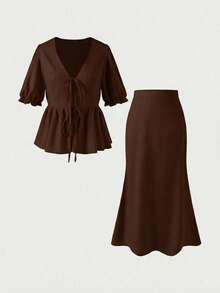 2pcs Linen Casual Elegant Vacation & Daily Wear Outfits, Casual Dresses, Casual Women Outfits, Summer Holiday Outfits, Elegant Women's Set - Brown - View 6