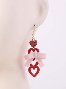1对全新手工蝴蝶结镂空心形吊坠耳环，温柔浪漫的设计，适合约会、派对、度假等场合。 - 紅色 - 查看 10
