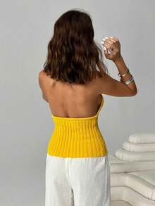 EAVA Women's Summer Vacation Beach Party Fitted Halter Neck Sleeveless Sexy Solid Color Knit Top, Women's Holiday, Summer Vacation Wear - Yellow - View 5