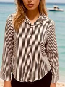 Steve Store Women's Fashion Striped Long-Sleeved Button-Down Shirt, Elegant And . - 棕色 - 查看 4