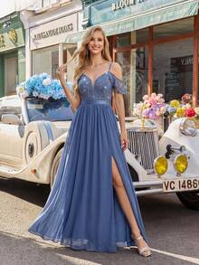 女士优雅无袖长裙，露肩设计，细肩带，撞色亮片拉链款式，适合派对、春季婚礼等场合。 - 霧霾藍 - 查看 3