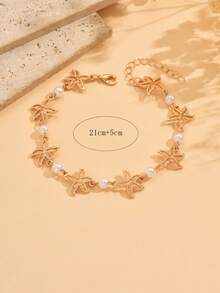 1 pieza Tobillera de aleación con forma de estrella de mar, combinación clásica de perlas falsas, joyería para los pies versátil y de moda adecuada para uso diario, playa, fiesta, cita, viaje - Multicolor - Ver 4