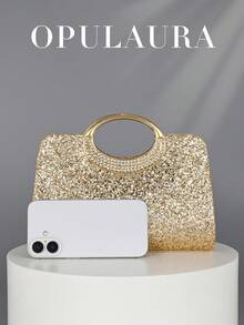 OpulAura Sparkling Crystal Embellished Evening Clutch Bag For Women, Luxury Glitter Rhinestone Formal Purse Suitable For Gala, Party, Wedding, Birthday Party, Anniversary Gift - 金色 - 查看 4