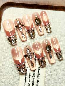 10pcs Handmade Ready-To-Wear Fake Nails, T-Shape Style, Shiny Pink Cat Eye Effect, Multiple Rhinestone Styles, Cool Girl Style, Reusable - 珊瑚粉 - 查看 1