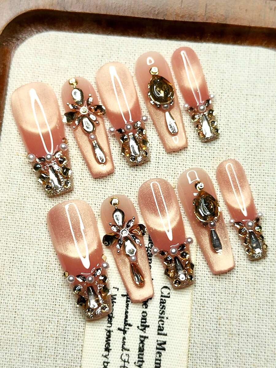10pcs Handmade Ready-To-Wear Fake Nails, T-Shape Style, Shiny Pink Cat Eye Effect, Multiple Rhinestone Styles, Cool Girl Style, Reusable - 珊瑚粉 - 查看 1