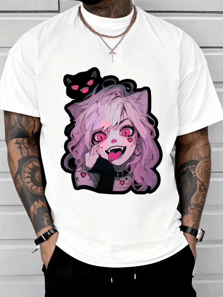 Figura de chica con ojos rosados brillantes orejas de gato cabello lila expresión traviesa acompañada de un pequeño gato oscuro que simboliza energía misteriosa y encanto moderno camisetas de hombre casual de manga corta cómoda para uso diario - Blanco - Ver 1