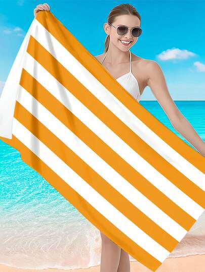1pc Minimalist Vertical Striped Orange Printed Beach Towel, Super Absorbent Quick Dry Towel For Swimming, Soft And Lightweight Beach Blanket, Suitable For Beach, Swimming, Outdoor, Travel, Ideal Beach Essential