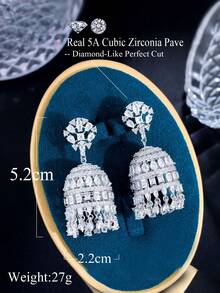 1对精美垂坠式大颗立方氧化锆奢华长款吊灯式新娘婚礼耳环，女士款 - 白色 - 查看 3