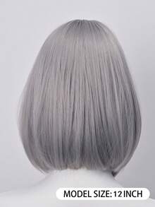 12 Inch Silver Gray Bobbed Wig With Bangs - High Quality Synthetic Material, Adjustable Cap, Natural Parting | Y2K Style - Silver - View 6