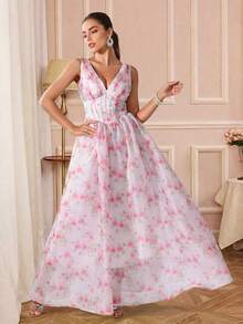 波西米亚风印花深V领无袖伴娘礼服，长款梭织面料 - 淺粉色 - 查看 3
