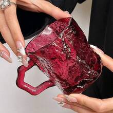 2pcs Ins Style Rose Pink Handle Glacier Glass Cup, High-Quality Household Beverage, Water, Coffee, Cold Drink, Milk Cup - Hot Pink - View 9