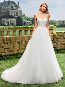 Váy cưới voan mỏng lãng mạn, dây mảnh, ren - Váy cưới thanh lịch - trắng - Xem 10