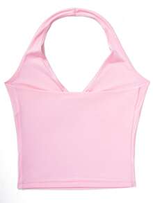 OMKAGI  Women's V-Neck Collarless Short-Sleeved Tank Top Y2K  Streetwear Style Top See-Through Top With Exposed Neckline - 粉色 - 查看 3