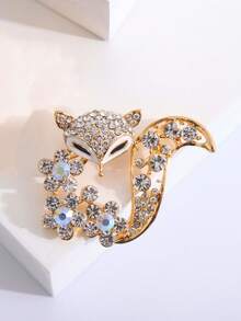 1pc Fashionable Rhinestone Fox Animal Brooch, Suitable For Bags, Shirts, Dresses, Anti-Slip Safety Pin - Gold - View 3