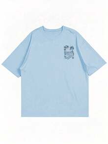 Coastal Men's Vacation Style Island Element Printed Short Sleeve T-Shirt, Suitable For Summer Wear, Comfortable & Breathable, Leading Fashion - Baby Blue - View 6