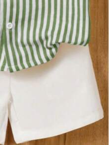 2pcs/Set Boys Striped Mandarin Collar Short Sleeve Shirt And Shorts Set - Dark Green - View 4