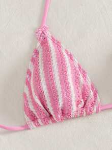 Bộ bikini 2 mảnh kẻ sọc hồng trắng, chất liệu vải sần - Áo tắm dây buộc cổ tam giác, cạp cao, kiểu thong gợi cảm dành cho nữ, thích hợp cho kỳ nghỉ biển, hồ bơi và tiệc tùng. - Nhiều màu - Xem 9