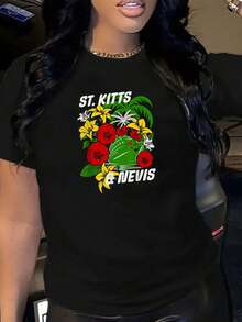 100% Cotton St. Kitts & Nevis Girl's Trp Caribbean Vacay Cruise Squad T-Shirt Women Graphic T-Shirt Cotton Print Short Sleeve Casual Top, Summer Tee Womens Tops - Black - View 6