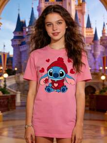 Disney Authorized Women's Casual Short Sleeve T-Shirt, Lilo & Stitch Heart Sweater Print, Cute Healing Style, Breathable Comfortable Fabric, Machine Washable, All-Match For Daily Wear - 粉色 - 查看 1