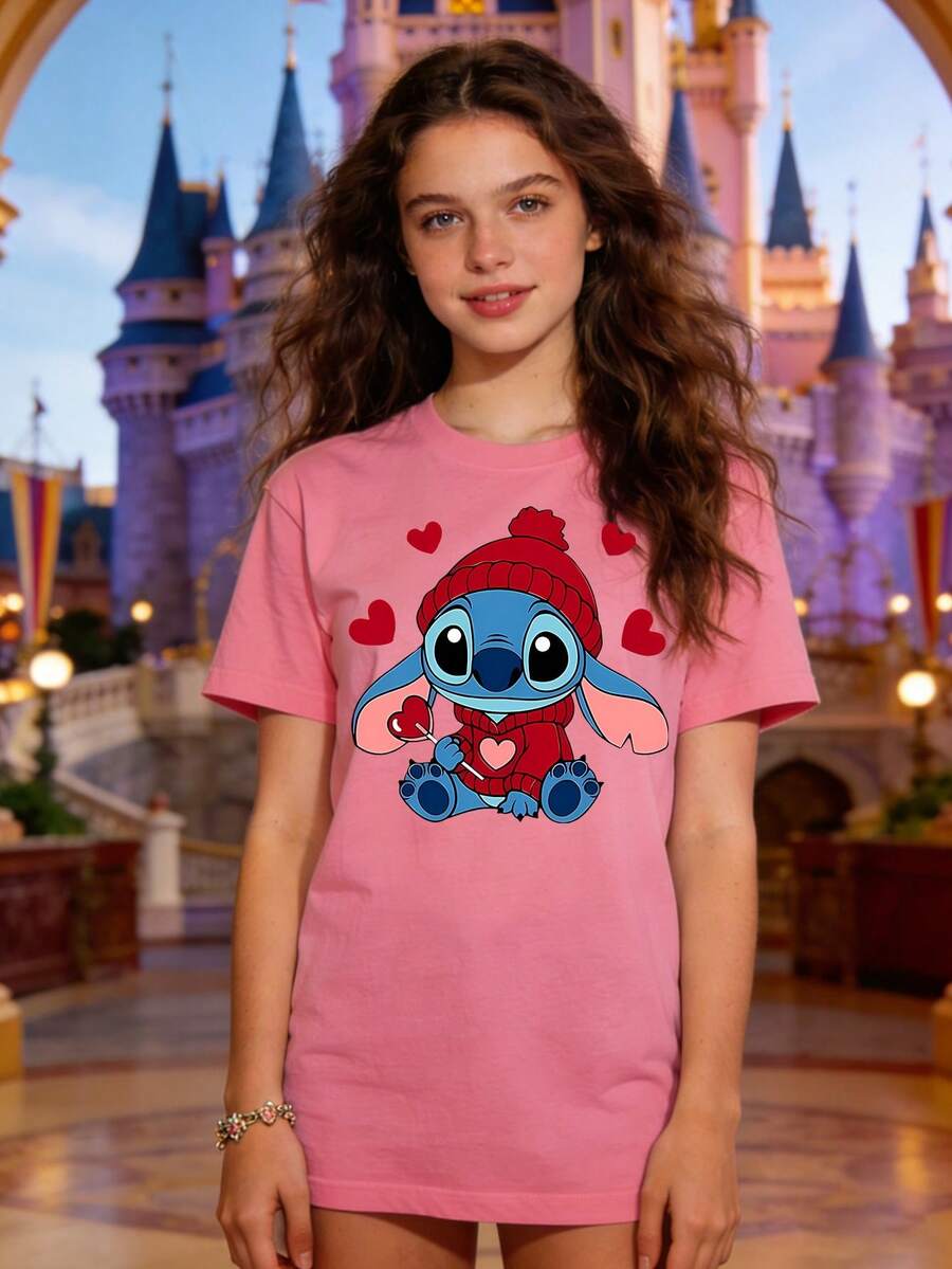 Disney Authorized Women's Casual Short Sleeve T-Shirt, Lilo & Stitch Heart Sweater Print, Cute Healing Style, Breathable Comfortable Fabric, Machine Washable, All-Match For Daily Wear - 粉色 - 查看 1