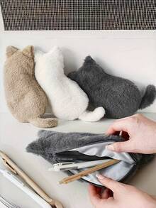 1pc Japan Cat Pencil Case, Large Capacity Student Stationery Pouch, Cute High-Quality 2025 New Cat Pencil Bag, Adorable Plush Doll Aesthetic Unique Design - Grey - View 7