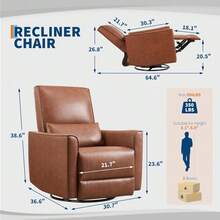 Silla reclinable giratoria para adultos, silla de cuero PU de asiento profundo con cojín de peluche 1.5X, capacidad de 350LB, 135 ° reclinable cómodo balanceador de planador para sala de estar y dormitorio - marrón - Ver 2