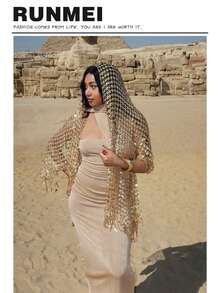 1pc Women's Sequined Embroidered Scarf, Breathable And Shiny, Can Be Used As A Headband, Headscarf, Shawl, Sunscreen Clothing Or Paired With A Hat, Suitable For Various Occasions And All Four Seasons. - Gold - View 1