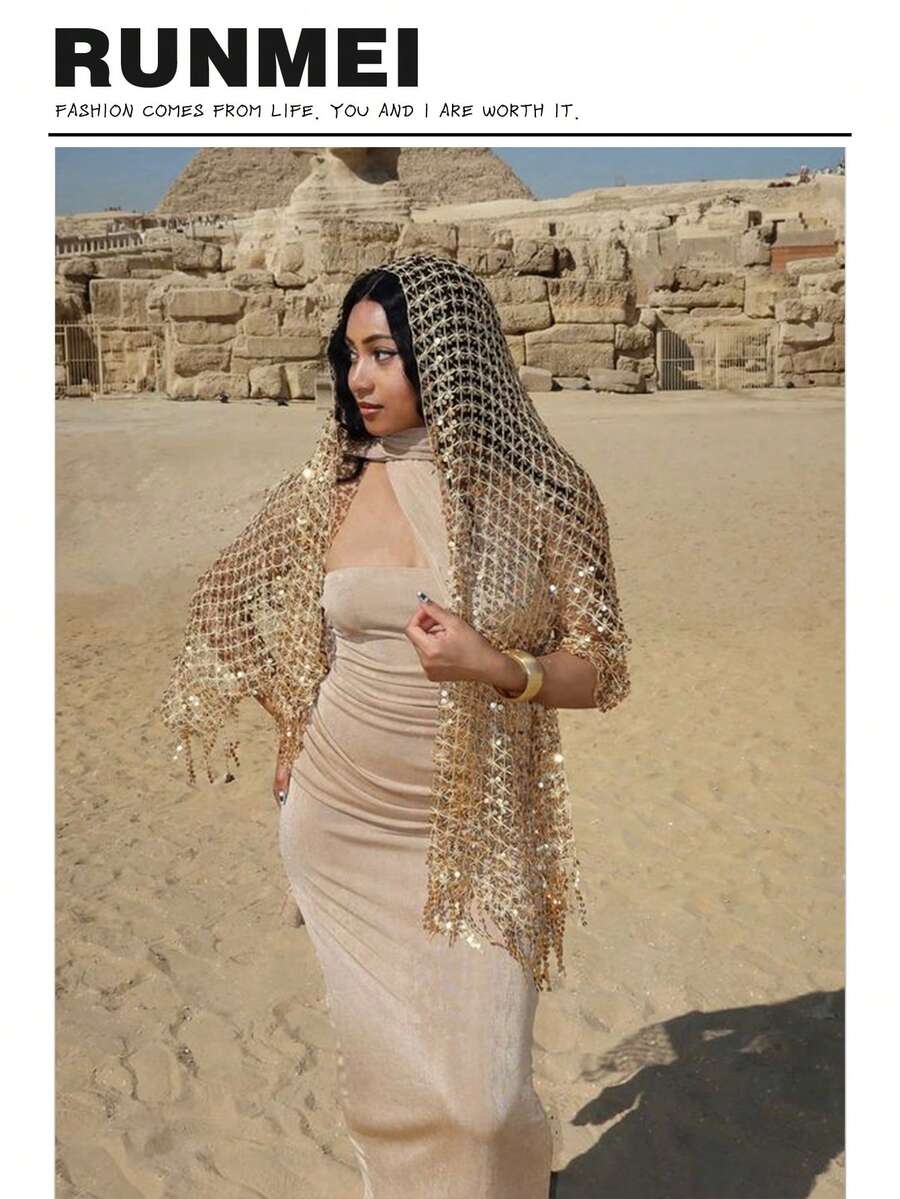 1pc Women's Sequined Embroidered Scarf, Breathable And Shiny, Can Be Used As A Headband, Headscarf, Shawl, Sunscreen Clothing Or Paired With A Hat, Suitable For Various Occasions And All Four Seasons. - Gold - View 1