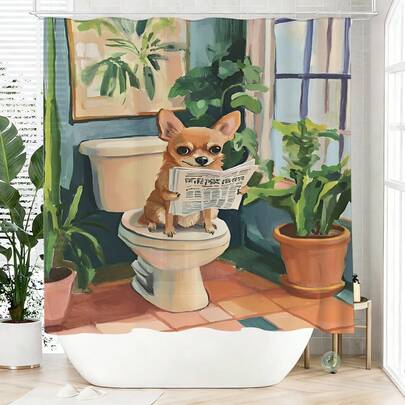 1pc Cartoon Dog Reading Newspaper Shower Curtain, Made Of Polyester, Waterproof, Non-Shading, Suitable For Home And Bathroom Decor, Comes With 12 Hooks