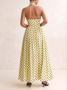 Women's Polka Dot Halter Neck Maxi Dress, Square Neck Sleeveless Backless Flared Long Dress With Pockets, Vintage Bohemian Style For Beach Vacation Casual Party, Spring Summer Elegant Occasion - Màu vàng - Xem 7