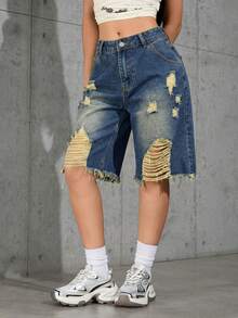 水洗渐变做旧宽松牛仔百慕大短裤，休闲夏季款 - 深藍 - 查看 2