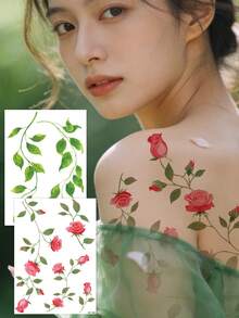 1 Sheet Leaf Vine Temporary Tattoo Stickers For Women, Waterproof Long-Lasting, Roses And Floral Designs, Spring&Summer Decoration Additions, Delicate And Exquisite, Suitable For Arms, Wrists, Insteps, Collarbones, Backs, Fake Tattoos - MultiWarna - View 4