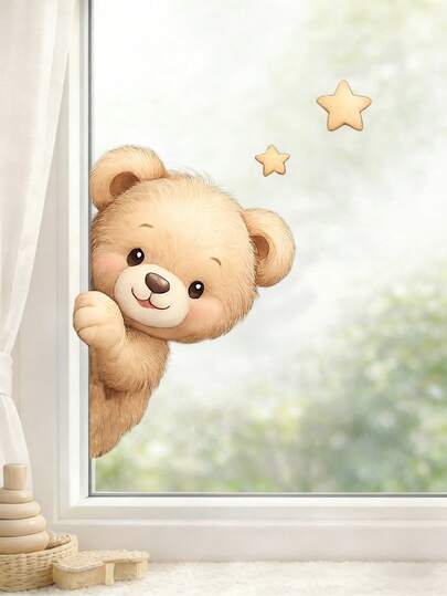 Süße Teddybär Fensteraufkleber, statische Vinyl-Aufkleber mit Sternen, einfach anzubringen und zu entfernen, ideal für Kinderzimmer, Badezimmer und Wohnzimmer Glasdekoration