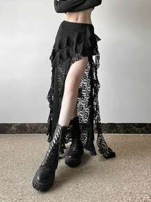 Top Dazzle Women's Black Lace Long Skirt, Sexy Asymmetrical Design With Ruffles, Semi-Sheer Polyester Fabric For Party Evenings - Black - View 3