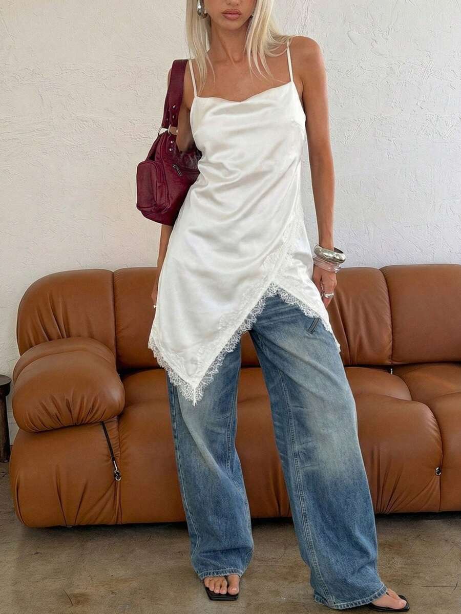女士无袖不对称下摆蕾丝边吊带背心，适合日常穿着、街头风格，四季皆宜，白色夏季款 - 白色 - 查看 1
