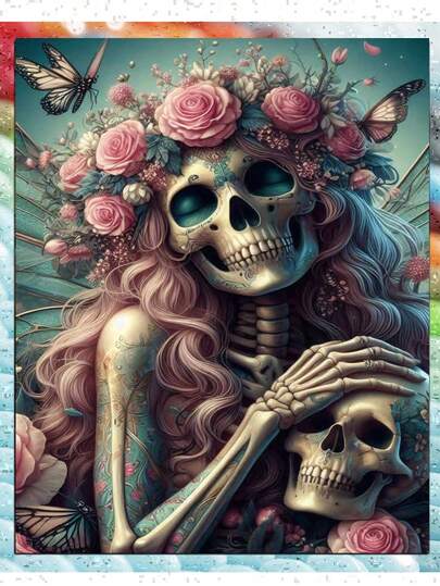 Skull Woman Diamond Art Kits For Adults,Skeleton Diamond Paintings Kits For Beginners,5D DIY Paint By Diamonds,Full Round Drill Diamond Dot Gem Art Painting Kits,For Home Wall Decor