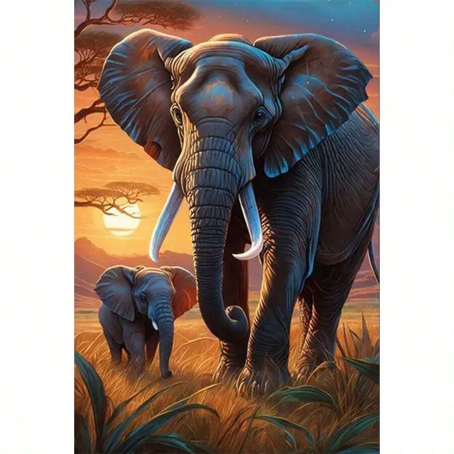 1pc New 5D DIY Diamond Painting Kit - Elephant Mother And, Round Acrylic Full Drill Diamond Mosaic Artwork, Home Office Decor Perfect Gift