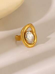 1pc Fashionable Stainless Steel Ring, Geometric Pattern Series 18K Gold Plated Design Inlaid With Cubic Zirconia, Casual Elegant Versatile High-End, Ideal Gift For Friends, Suitable For Women's Daily Wear, Also Suitable For Parties, Banquets, Weddings And Other Occasions - Gold - View 3
