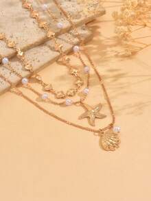 3pcs/Set Summer Bohemian Ocean Style Handmade Alloy Shell Necklace, Minimalist Faux Pearl Choker With Gold Starfish & Shell Pendant, Suitable For Beach Vacation, Daily Wear, Party, Dinner - Multicolor - View 3