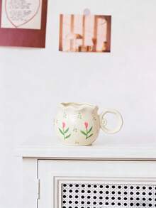 1pc Creative Handmade Asymmetrical Shaped Round Ceramic Milk Coffee Mug With Floral Relief Painting - Multicolor - View 7