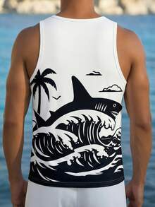 Camisa/Camiseta sin mangas de vacaciones con estampado de tiburón en contraste negro y blanco para hombres - Multicolor - Ver 4