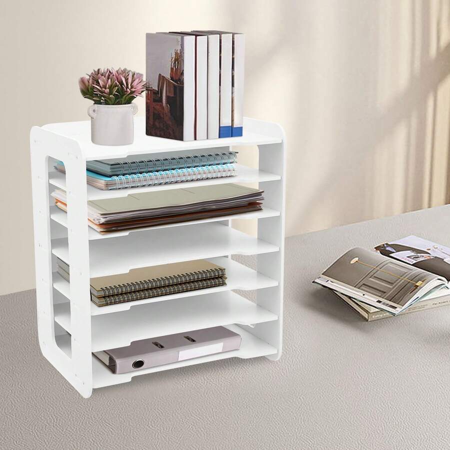 Aktenordner, 7-stufiger weißer Schreibtisch-Aktenordner, stapelbarer Papiersortierer mit Briefablage, 25 x 34 cm platzsparender Schreibtisch-Organizer - Weiss - Übersicht 1
