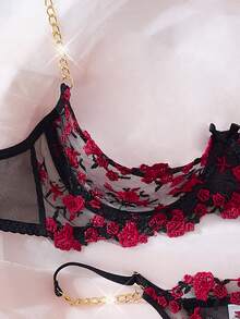 1 Set de Lencería Sexy para Mujer, Malla Transparente con Bordado Floral y Ribete de Encaje con Cadena Dorada, Diseño Abierto de 1/4 de Copa con Abertura y Ajustable, Conjunto de 2 Piezas de Sostén y Pantie - Negro - Ver 7