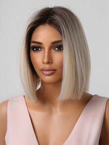 Omber Ash Gradient Blonde Wigs Short Straight Layered Bob Wig Medium Part Ombre Dark Roots Ash Golden Wig Heat-Resistant Synthetic Wig For Women Daily Suitable For Fashionable Women 10 Inch - Linen Gold - View 5